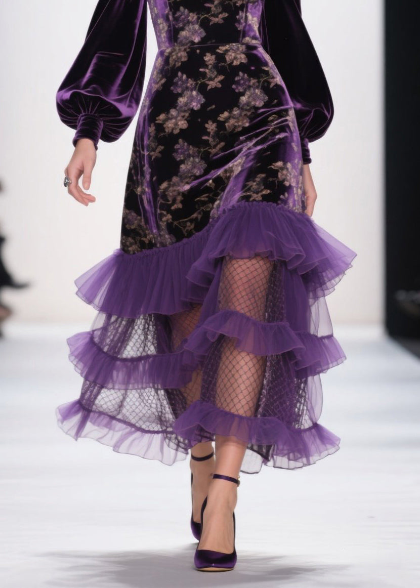 Art Purple Cold Shoulder Print Ruffled Velvet Dress Fall