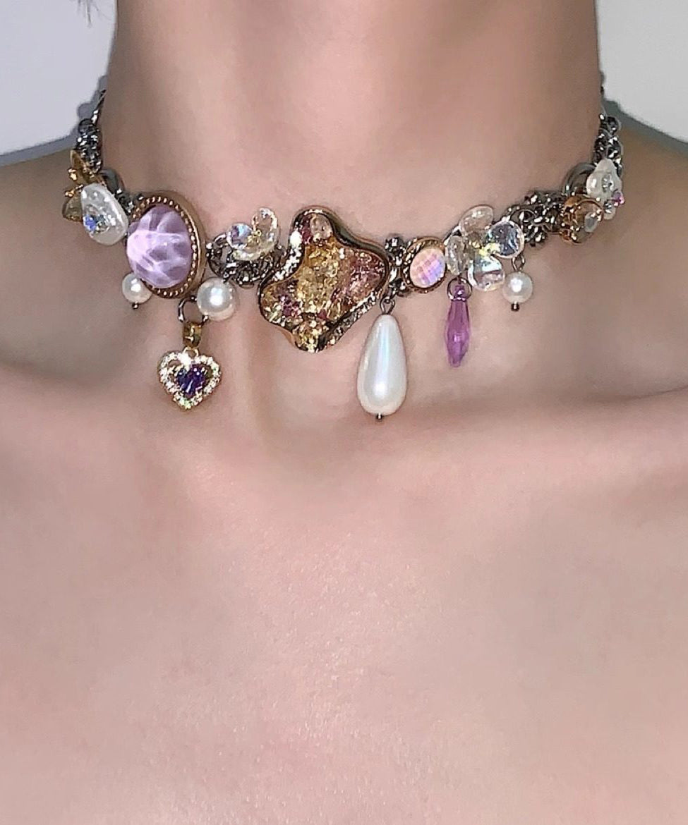 Art Purple Crystal Water Droplet Adjustable Titanium Steel Choker