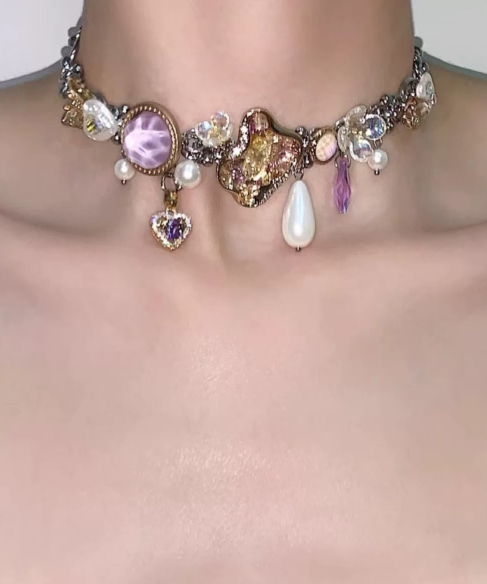 Art Purple Crystal Water Droplet Adjustable Titanium Steel Choker