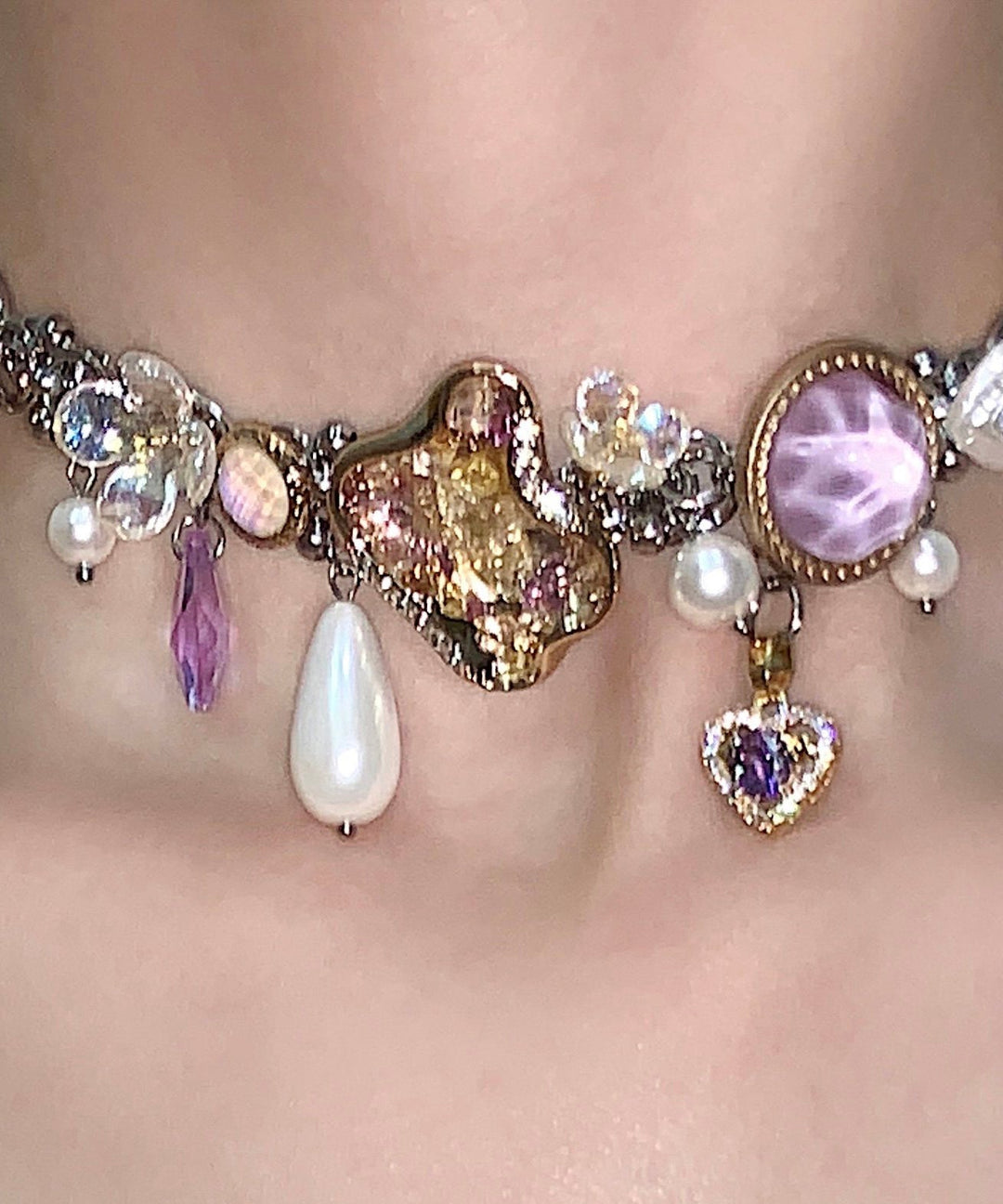 Art Purple Crystal Water Droplet Adjustable Titanium Steel Choker