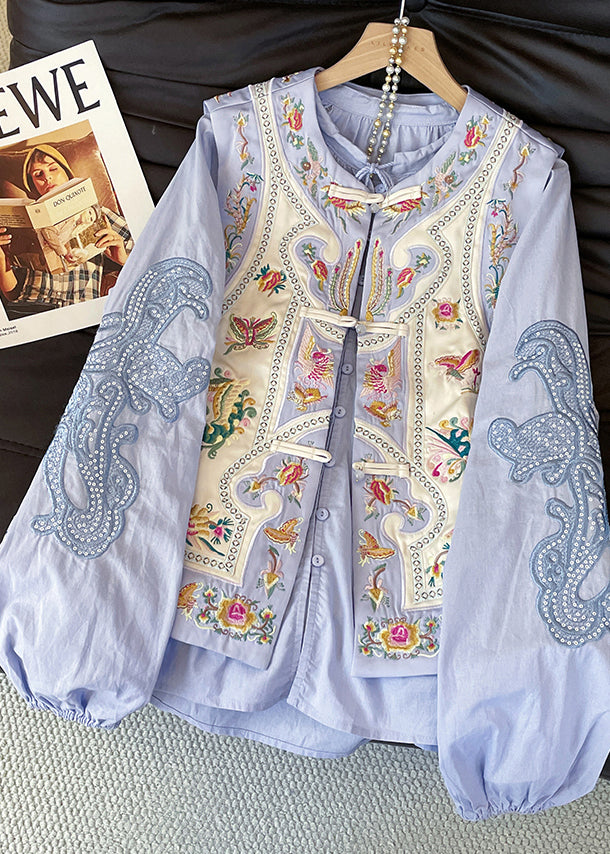 Art Purple Embroidered Chinese Button Knit Two Pieces Set Fall