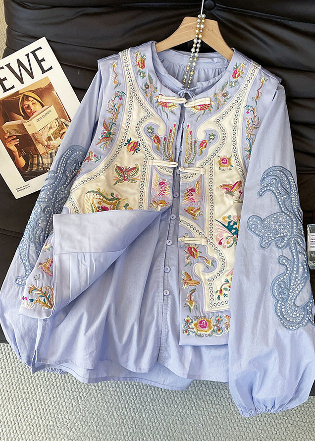 Art Purple Embroidered Chinese Button Knit Two Pieces Set Fall