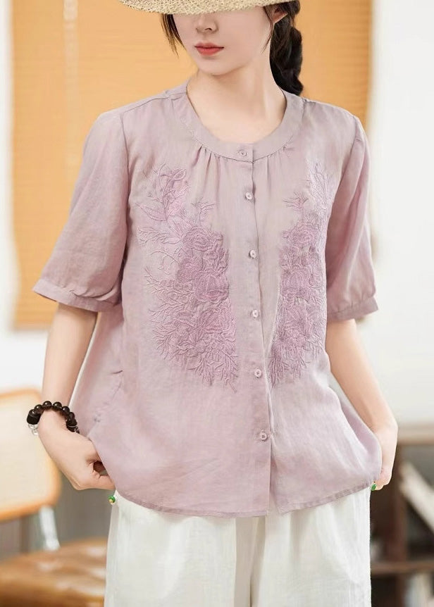 Art Purple Embroidered Linen Shirt Tops Summer