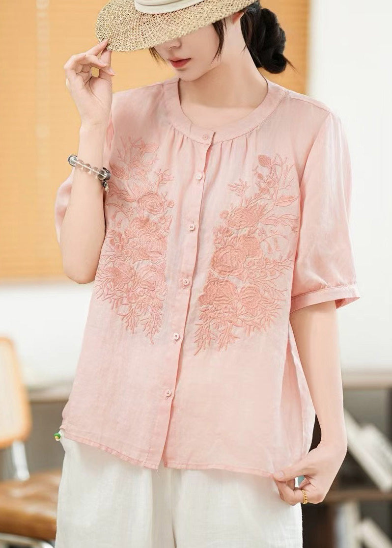 Art Purple Embroidered Linen Shirt Tops Summer