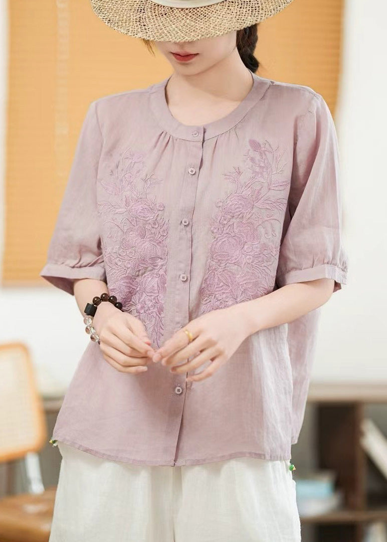 Art Purple Embroidered Linen Shirt Tops Summer