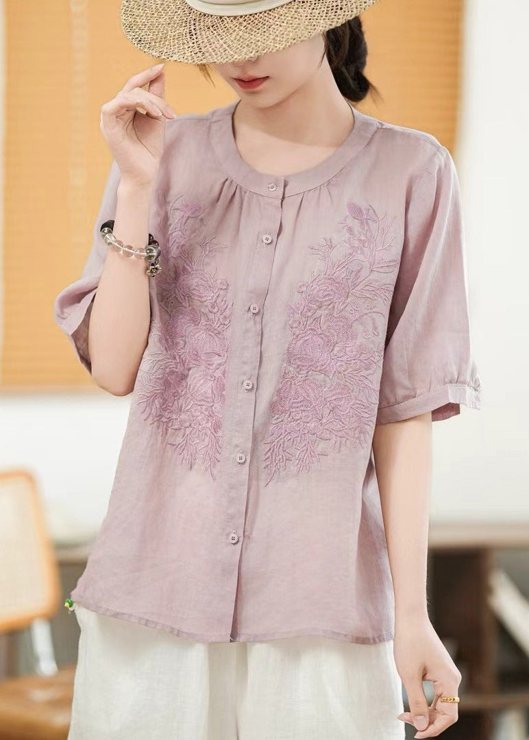 Art Purple Embroidered Linen Shirt Tops Summer