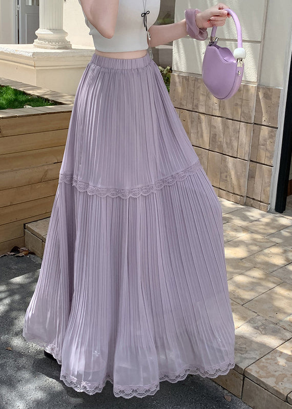 Art Purple High Waist Patchwork Lace Wrinkled Chiffon Skirts Summer