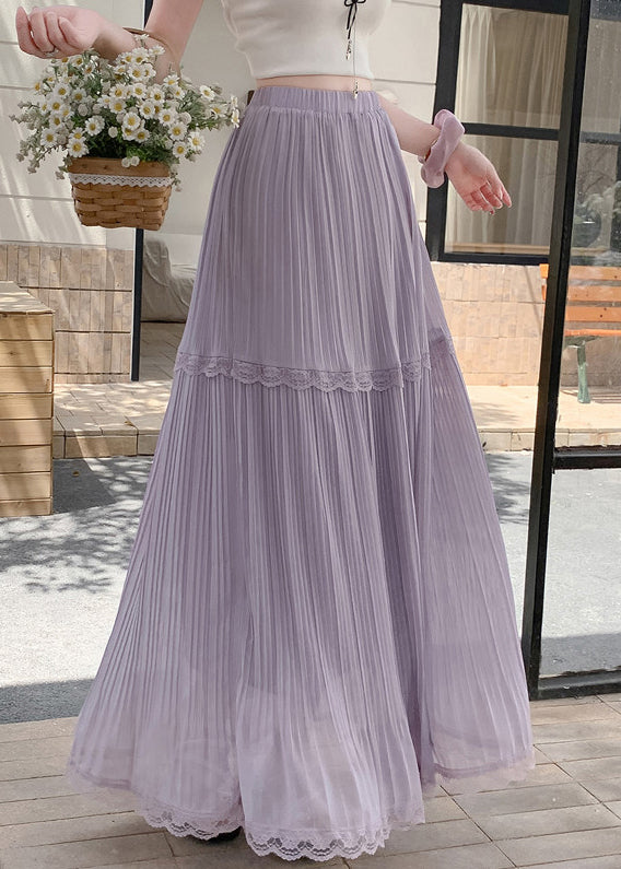 Art Purple High Waist Patchwork Lace Wrinkled Chiffon Skirts Summer