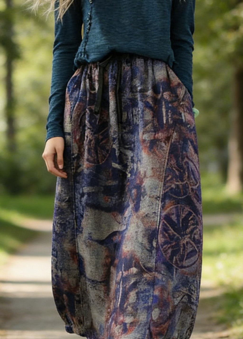 Art Purple High Waist Pockets Patchwork Print Linen Skirt Summer