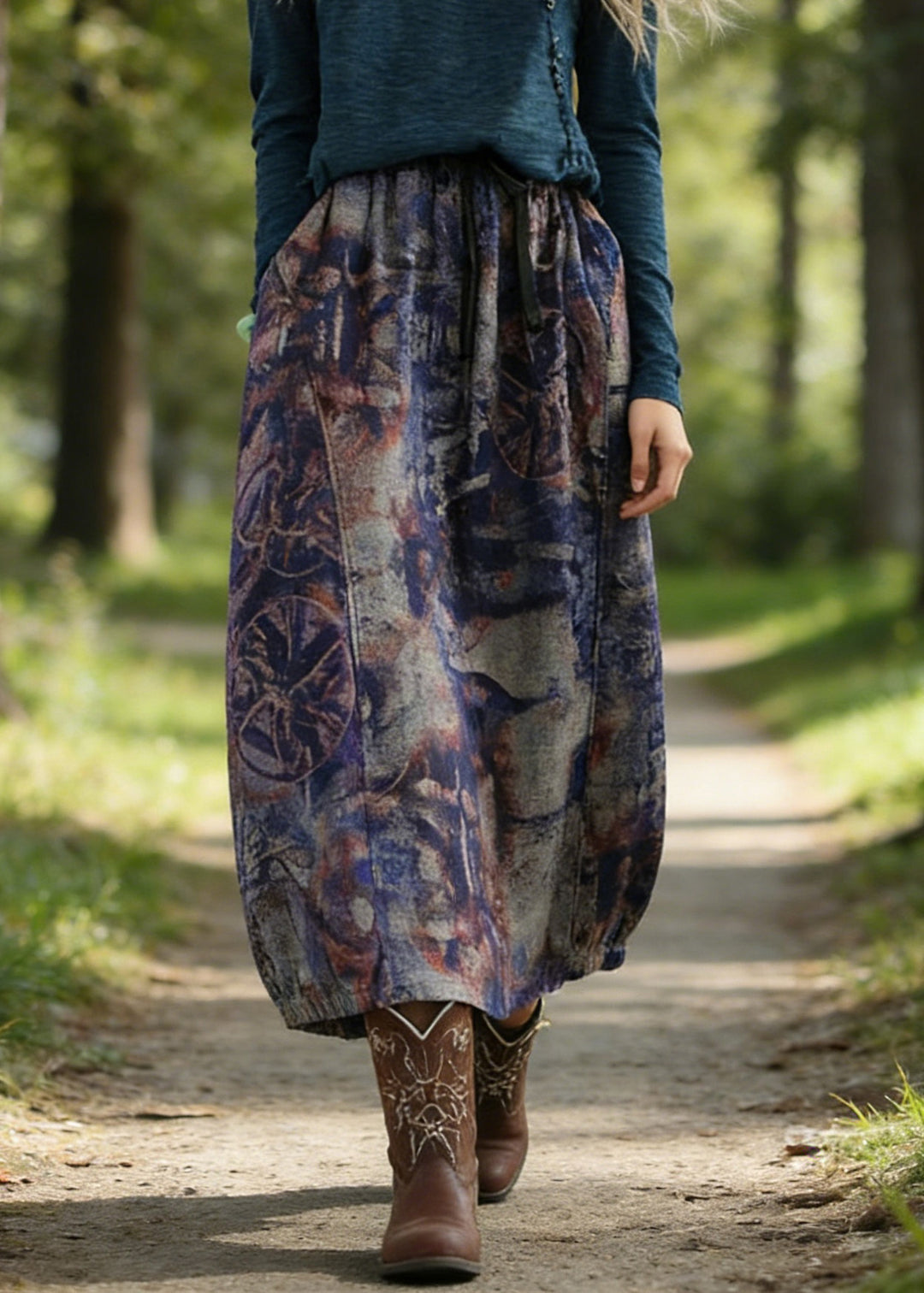 Art Purple High Waist Pockets Patchwork Print Linen Skirt Summer