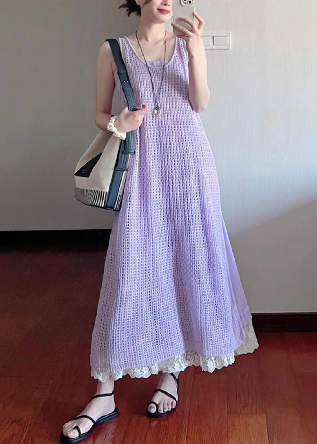 Art Purple Hollow Out Lace Knit Two Pieces Set Sleeveless