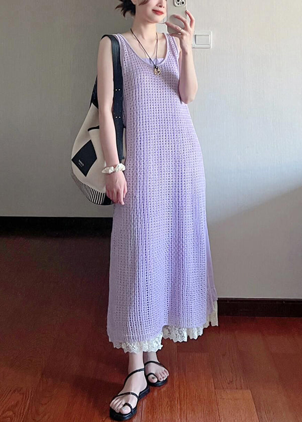 Art Purple Hollow Out Lace Knit Two Pieces Set Sleeveless