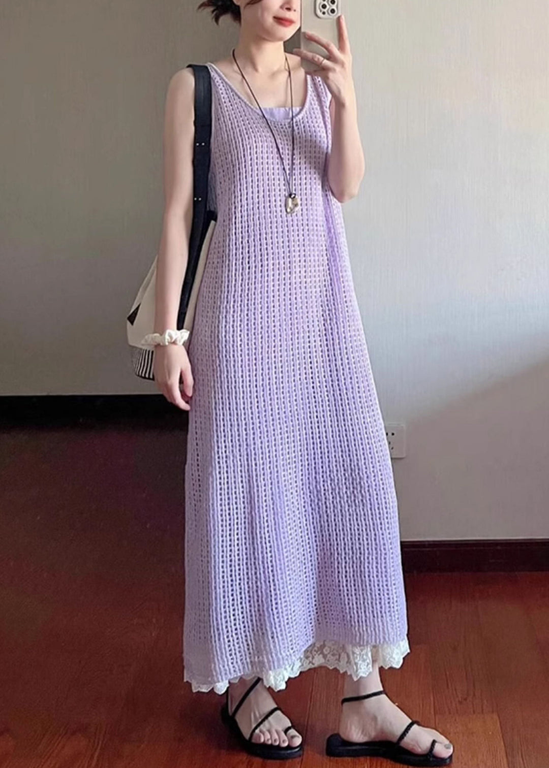 Art Purple Hollow Out Lace Knit Two Pieces Set Sleeveless