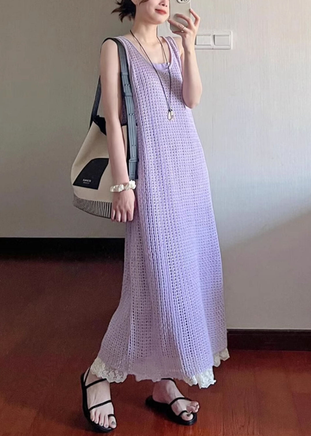 Art Purple Hollow Out Lace Knit Two Pieces Set Sleeveless