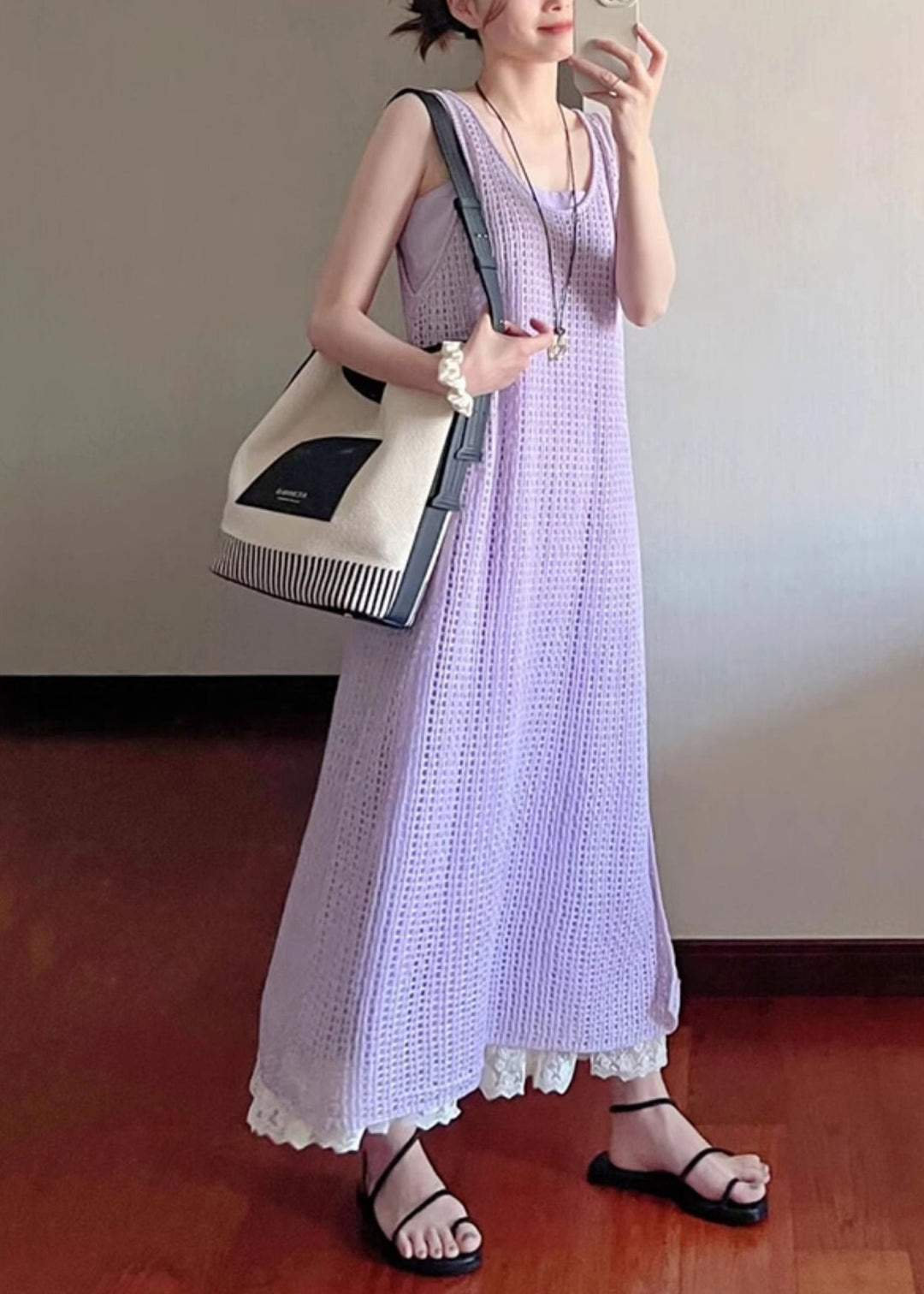 Art Purple Hollow Out Lace Knit Two Pieces Set Sleeveless