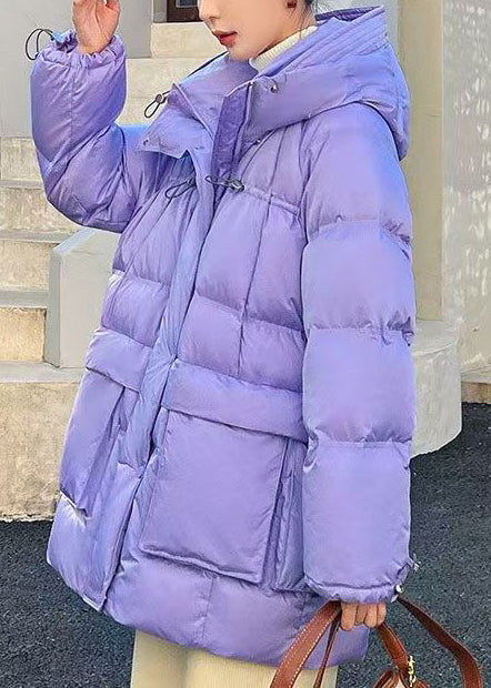 Art Purple Hooded Pockets Duck Down Puffer Jacket Winter