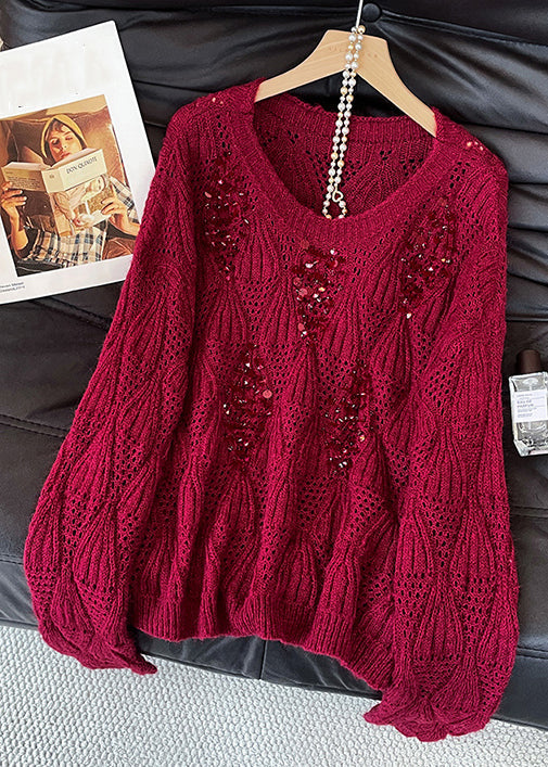 Art Purple O Neck Sequins Hollow Out Knit Sweater Tops Fall
