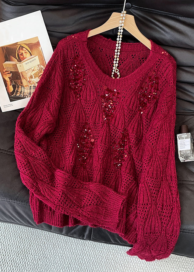 Art Purple O Neck Sequins Hollow Out Knit Sweater Tops Fall
