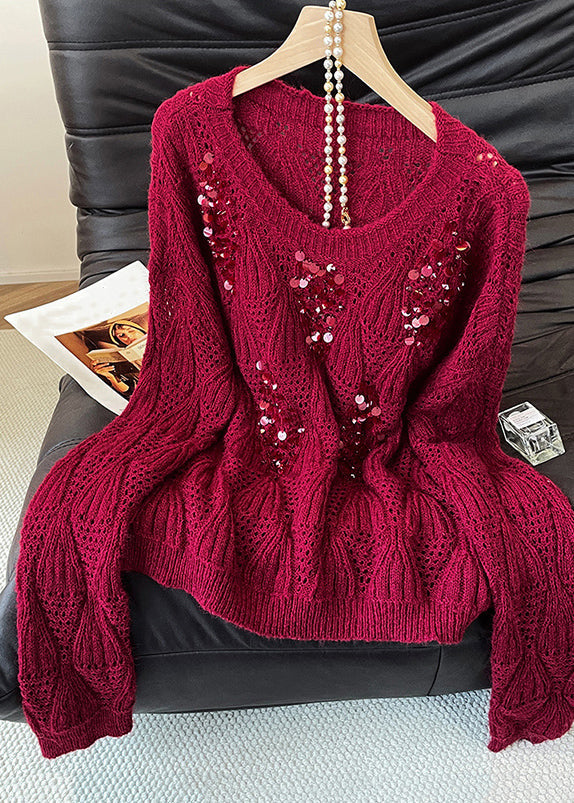Art Purple O Neck Sequins Hollow Out Knit Sweater Tops Fall