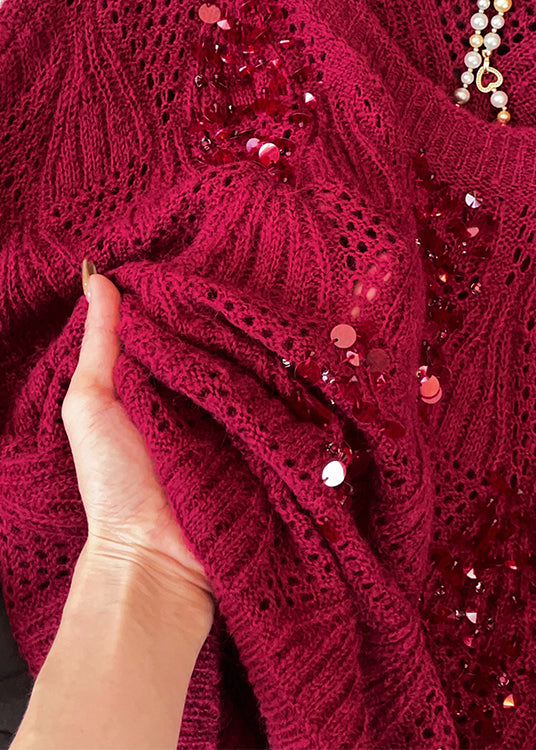 Art Purple O Neck Sequins Hollow Out Knit Sweater Tops Fall