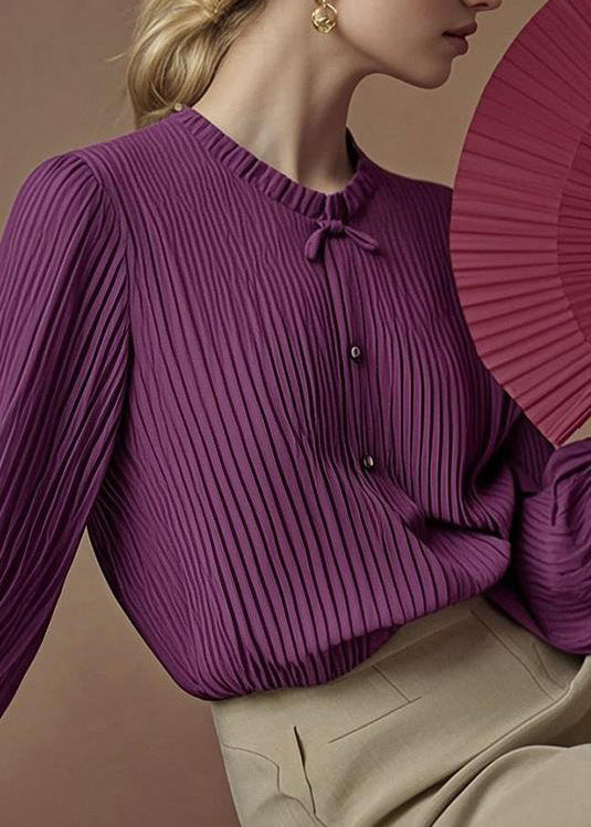 Art Purple O-Neck Wrinkled Chiffon Blouse Tops Spring