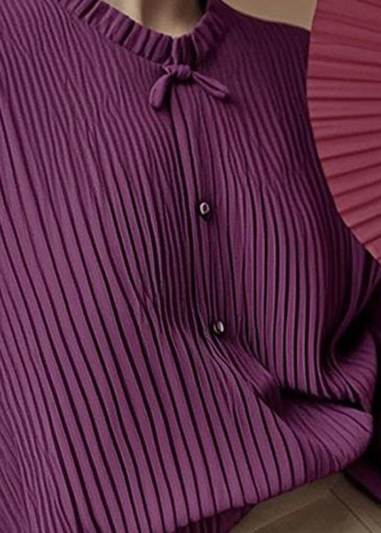 Art Purple O-Neck Wrinkled Chiffon Blouse Tops Spring