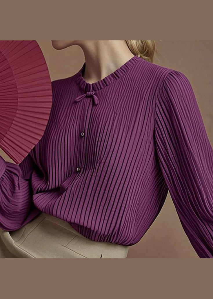 Art Purple O-Neck Wrinkled Chiffon Blouse Tops Spring