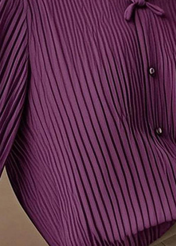 Art Purple O-Neck Wrinkled Chiffon Blouse Tops Spring
