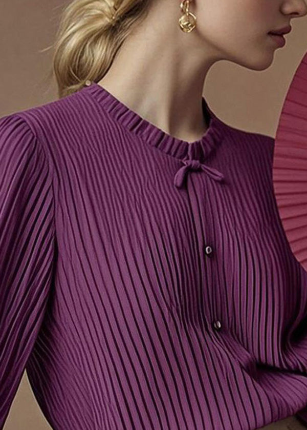 Art Purple O-Neck Wrinkled Chiffon Blouse Tops Spring