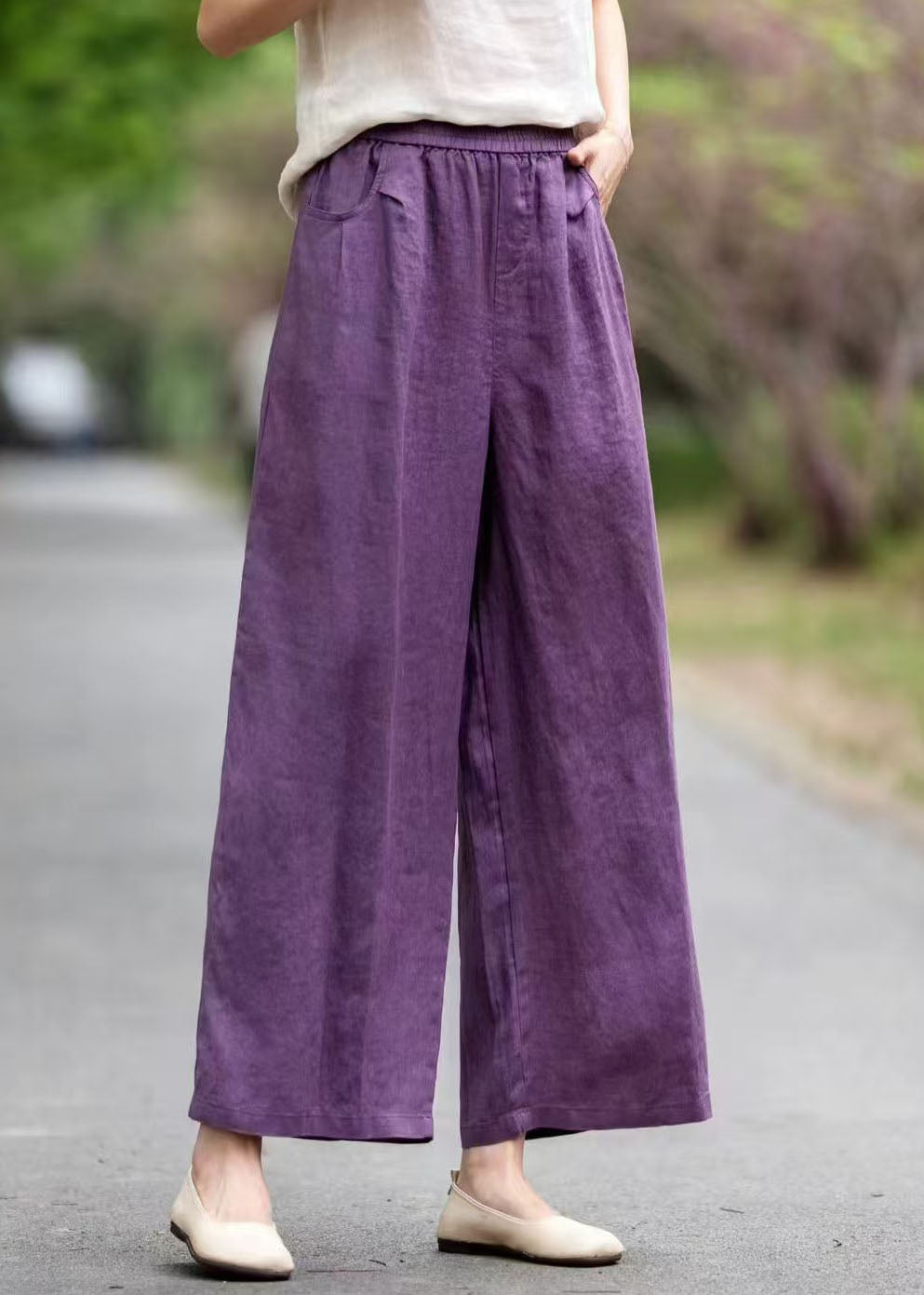 Art Purple Oversized Pockets Linen Straight Pants Summer