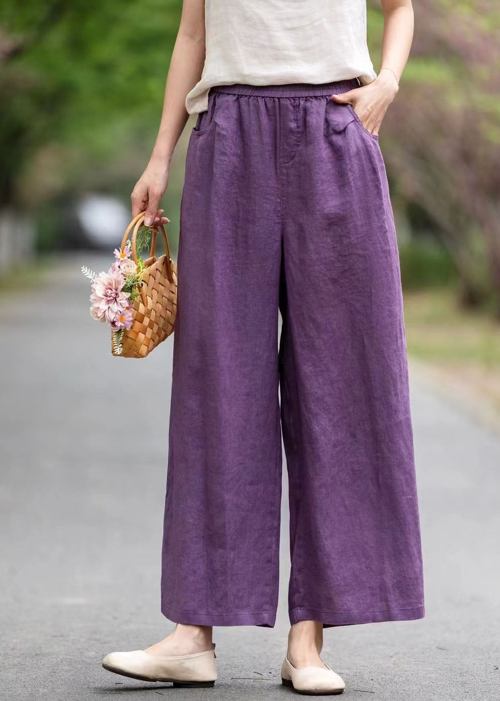 Art Purple Oversized Pockets Linen Straight Pants Summer