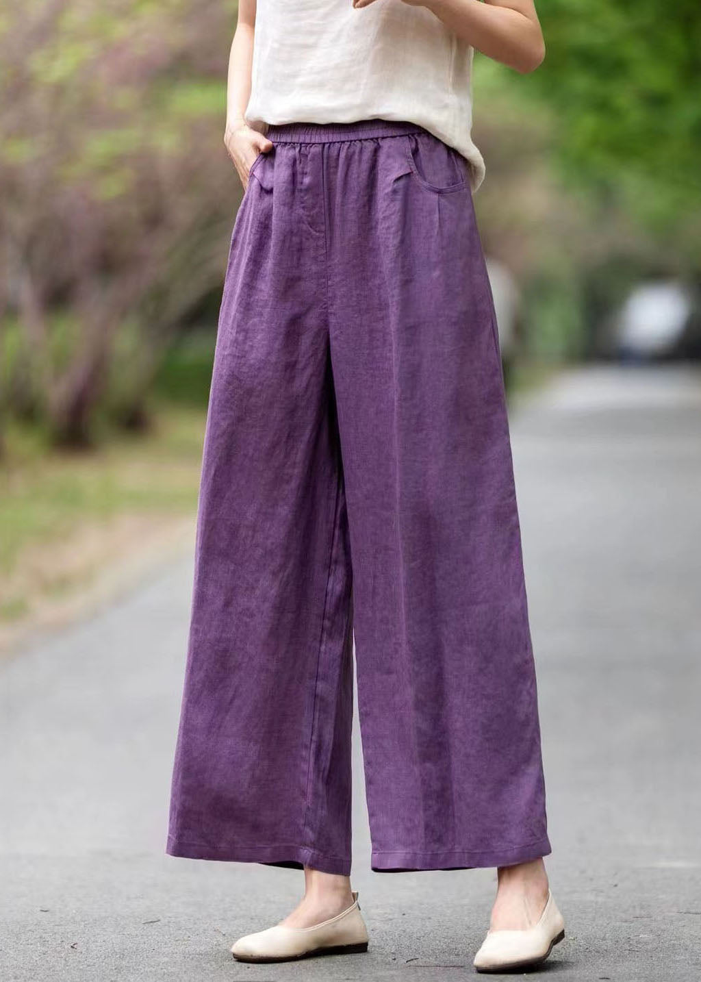 Art Purple Oversized Pockets Linen Straight Pants Summer