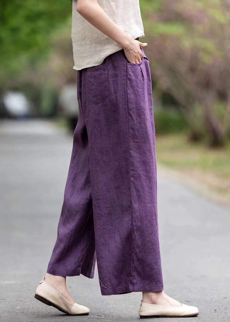 Art Purple Oversized Pockets Linen Straight Pants Summer