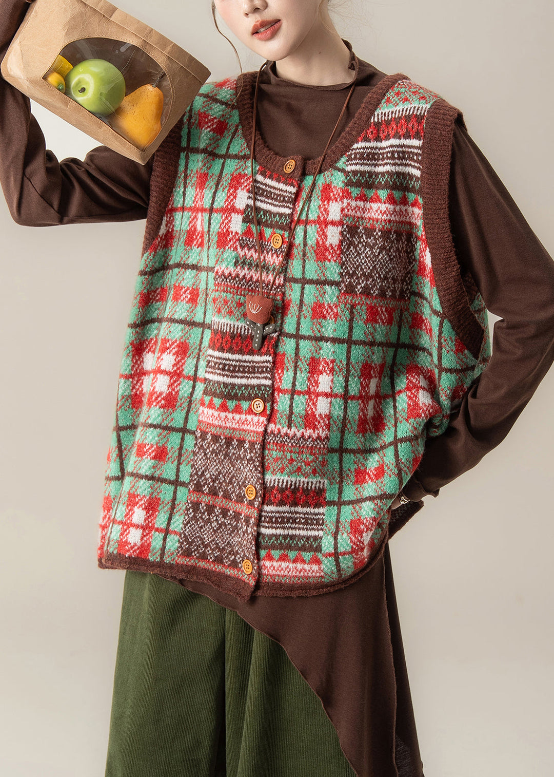 Art Purple Oversized Print Knit Vests Winter