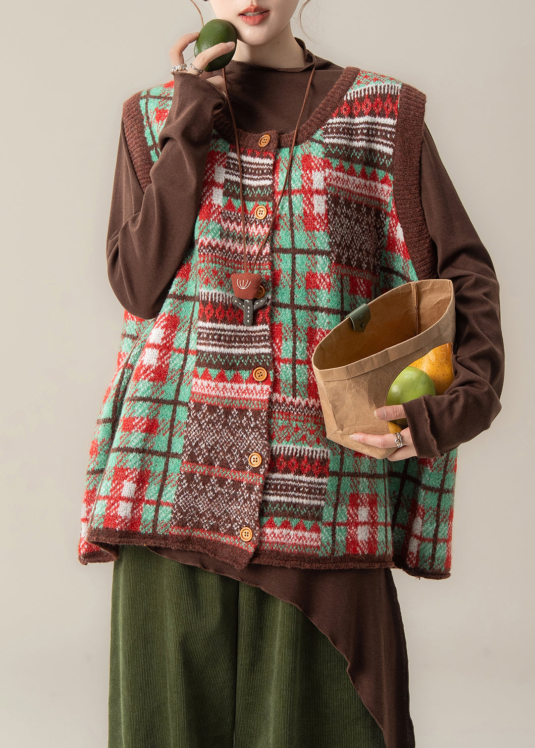 Art Purple Oversized Print Knit Vests Winter