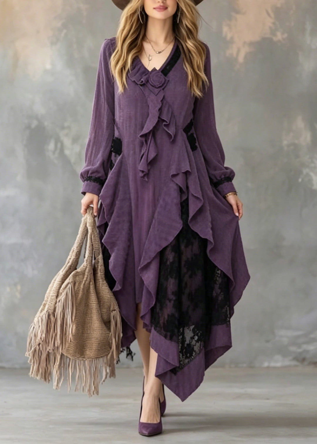 Art Purple Ruffled Asymmetrical Design Cotton Dress Fall