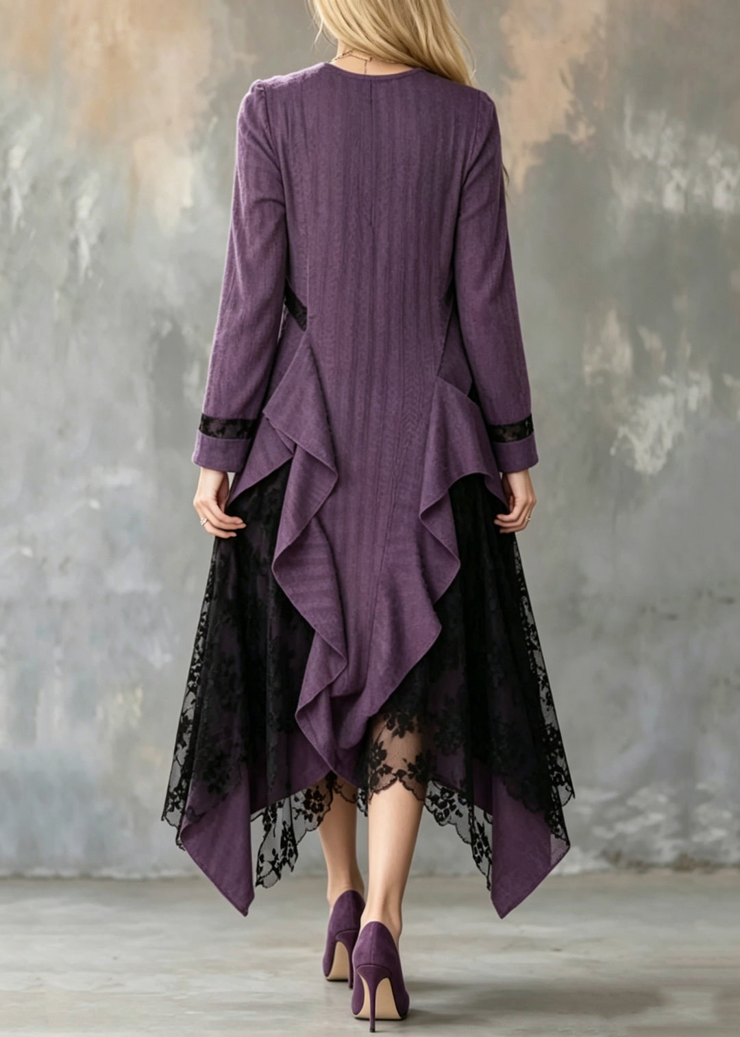 Art Purple Ruffled Asymmetrical Design Cotton Dress Fall