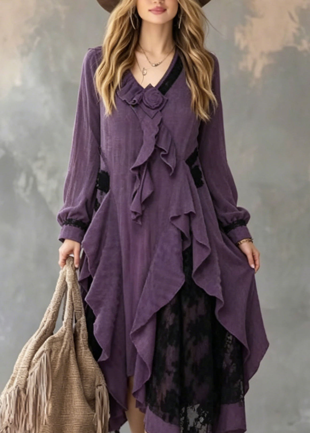 Art Purple Ruffled Asymmetrical Design Cotton Dress Fall