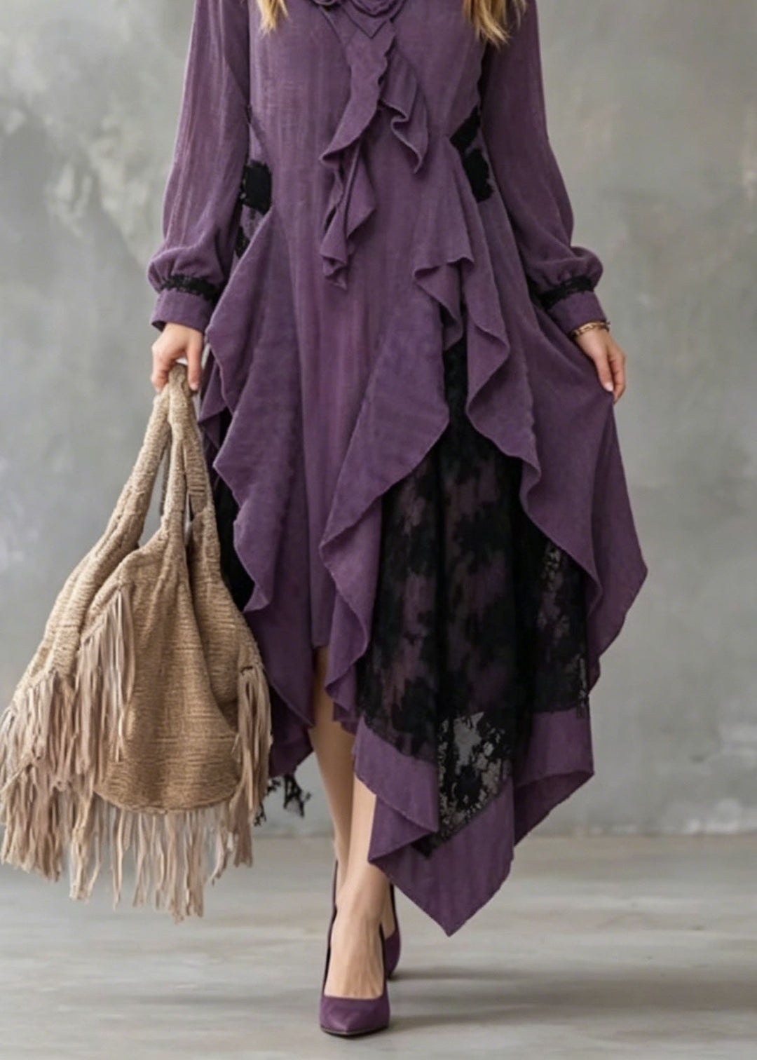 Art Purple Ruffled Asymmetrical Design Cotton Dress Fall