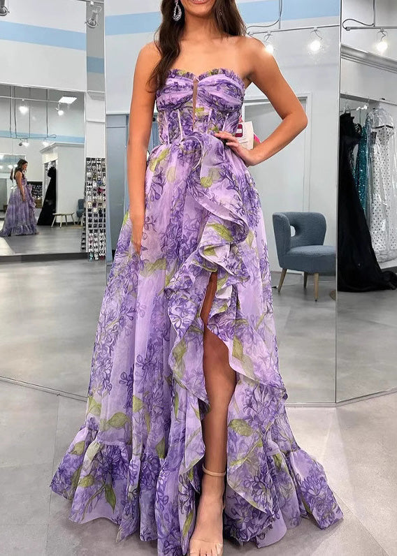 Art Purple Ruffled Asymmetrical Print Chiffon Dress Summer