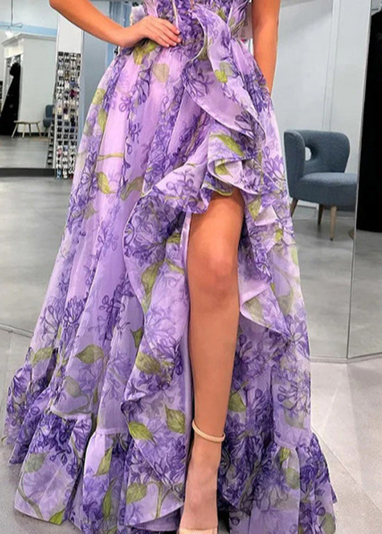 Art Purple Ruffled Asymmetrical Print Chiffon Dress Summer