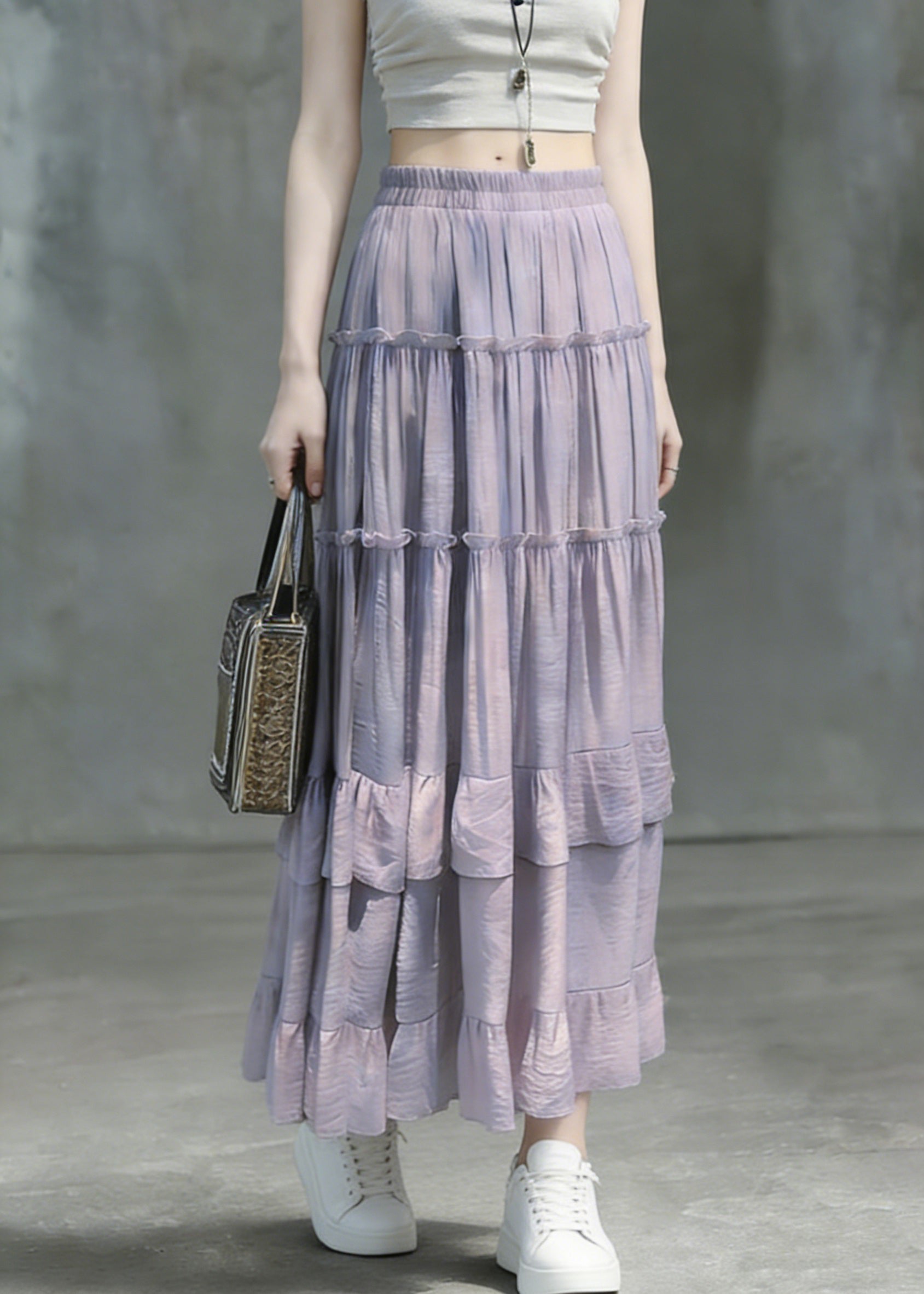 Art Purple Ruffled Patchwork Solid Maxi Skirts - Omychic