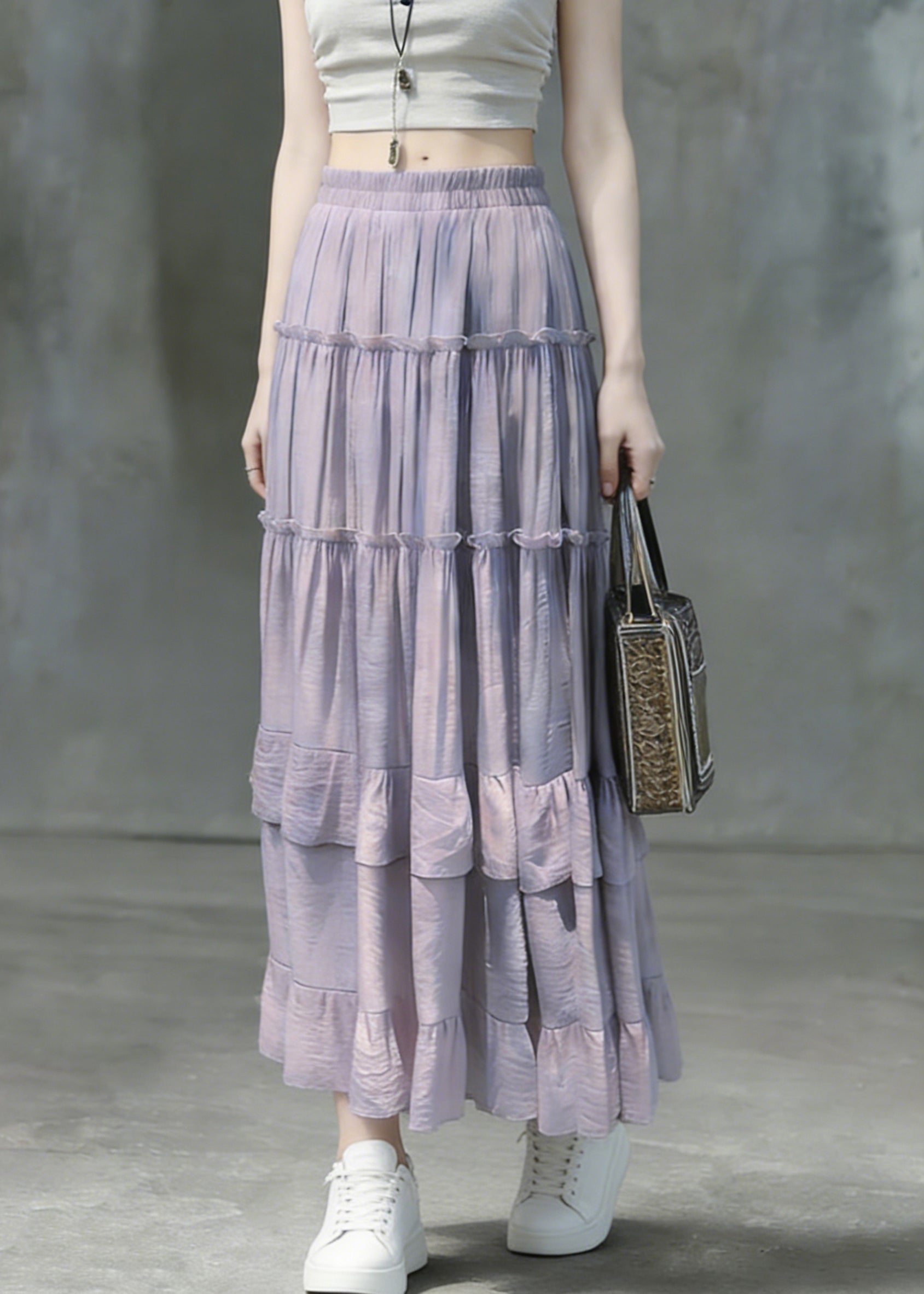 Art Purple Ruffled Patchwork Solid Maxi Skirts - Omychic