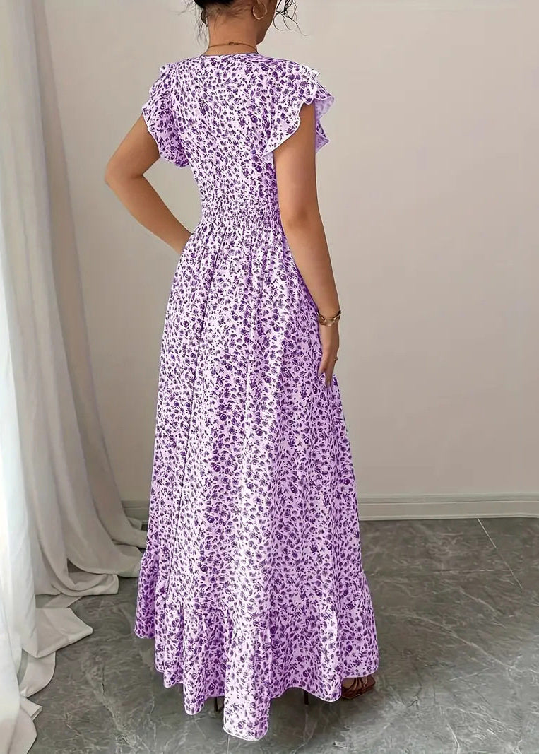 Art Purple Ruffles Print Cotton Vacation Dresses Summer
