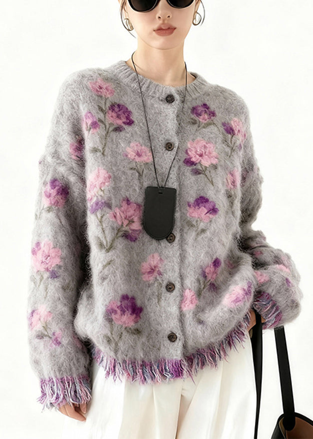 Art Purple Tasseled Floral Cozy Knit Coats Spring