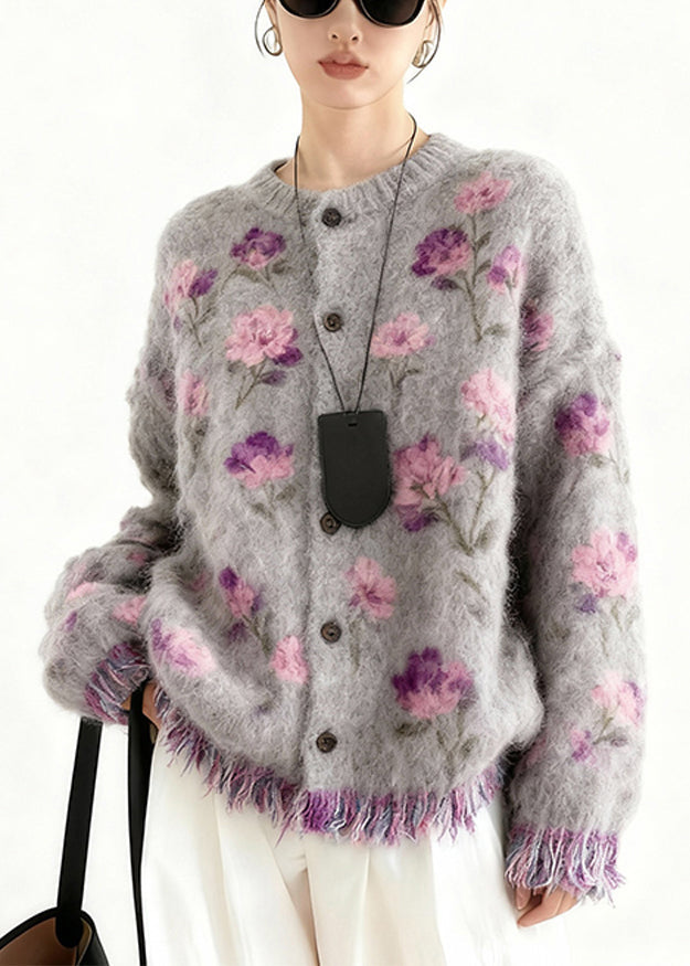 Art Purple Tasseled Floral Cozy Knit Coats Spring