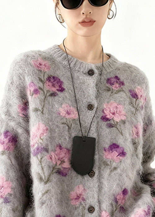 Art Purple Tasseled Floral Cozy Knit Coats Spring