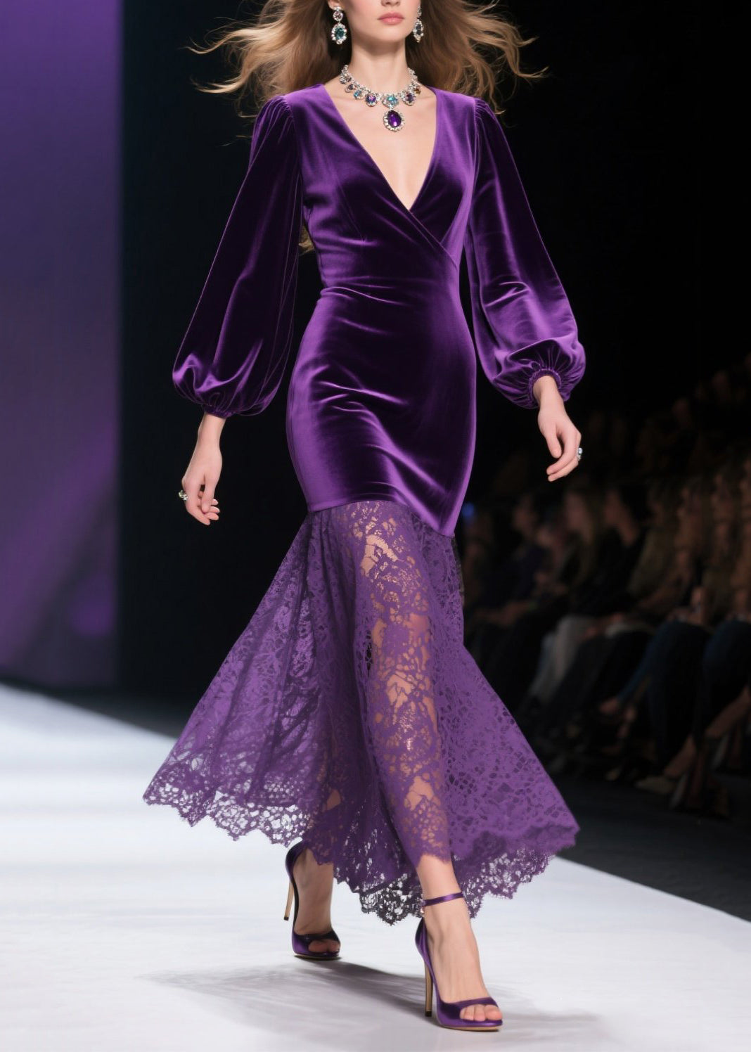 Art Purple V Neck Patchwork Lace Silk Velvet Wraped Dresses Spring