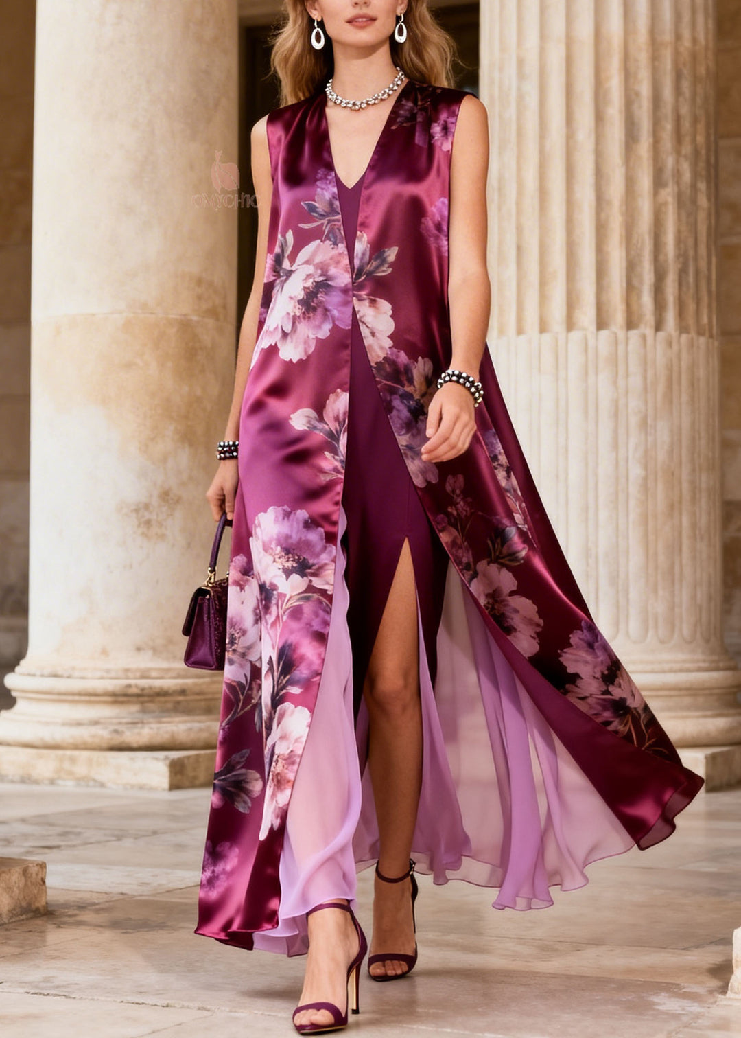 Art Purple V Neck Print False Two Pieces Chiffon Dresses Sleeveless