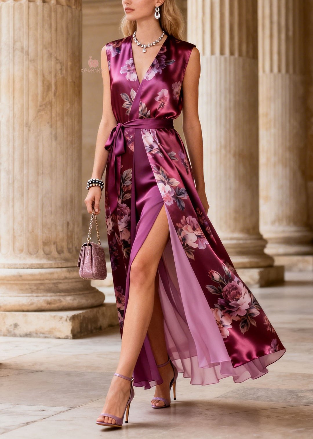 Art Purple V Neck Print Lace Up Silk Maxi Dresses Summer